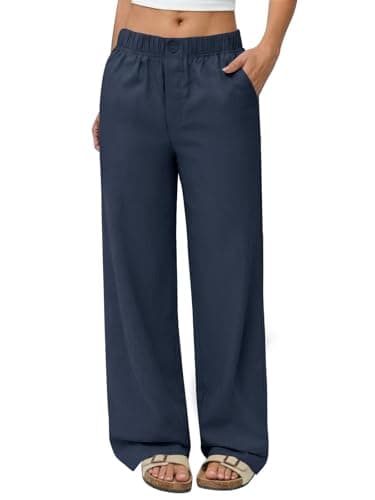 COPYLEAF Linen Pants Women Wide Leg Elastic Waist Flowy Palazzo Casual Pants with Pockets Beach Travel Trousers(Navy Blue XL) - Image 1