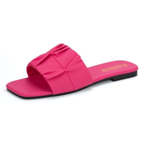 EcooInviv Women's Pleated Square Toe Slide Sandals, Trendy Flat Sandals with Open Toe, Lightweight Summer Shoes for Wedding, Beach & Daily Wear - Image 1