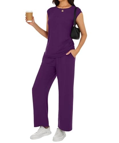 YSYOKOW Women's 2 Piece Lounge Set Cap Sleeve Top and Wide Leg Pants Casual Matching Travel Outfit with Pockets(Purple, Small) - Image 1
