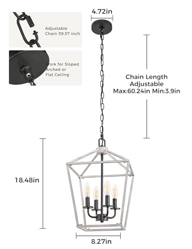L LOHAS LED Oak White Farmhouse Chandelier, Industrial 4-Light Lantern Light, Dining Room Lighting Fixtures, Adjustable Height Metal Cage, Kitchen Island, Entryway, E12 - Thumbnail 6