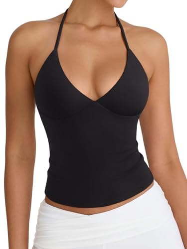 PINKMSTYLE Women's Halter Tank Top Open Back Double Lined V Neck Top Going Out Sleeveless Camisole Tops Black Large - Image 1