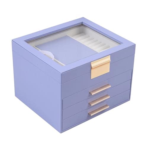 BOOVO Clear Lid Jewelry Box,4 Layers Jewelry Organizer Large Jewelry Storage Box with 3 Drawers,Jewelry Holder Organzier of Rings Earrings Necklace Bracelets for Women (Purple, 4 Layer) - Image 1