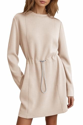 COCOMARTS Womens Casual Long Sleeve Crewneck Sweatshirt Dress Drawstring Waistband Tunic Tops Vacation Mini Dresses 2025 Fall Apricot Small - Image 1