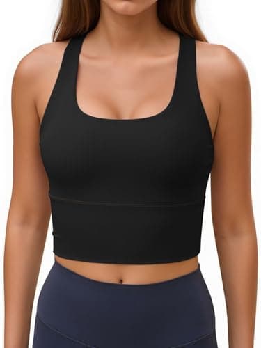 Aoysky Womens Racerback Sport Bra Workout Tank Tops Sleeveless Ribbed Athletic Yoga Tops with Built in Bra Black - Image 1