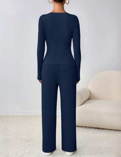MEROKEETY Women's 2025 Fall Two Piece Airport Outfits Lounge Sets Henley Shirts Wide Leg Pants Matching Sets, DarkBlue, Small - Thumbnail 4