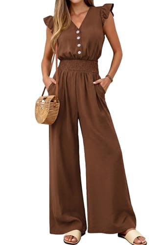 dowerme Women's Jumpsuits Dressy Casual 2026 Summer Ruffle Cap Sleeve V Neck Button Smocked Rompers Wide Leg Overalls(Brown,Large) - Image 1