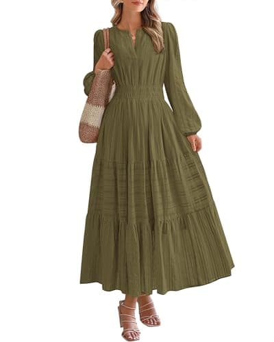 BTFBM Spring Dresses for Women 2026 Casual Long Sleeve V Neck Elastic Waist Lightweight Maxi Wedding Guest Dress Pockets(Army Green, XX-Large) - Image 1