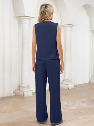 Casly Lamiit 2 Piece Outfits for Women Dressy Casual Lounge Sets Sleeveless Vest Wide Leg Pants Suits Travel Airport Office Work Outfit Navy Blue 2XL - Thumbnail 4