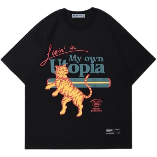 Aelfric Eden Mens Oversized T Shirts Tees Tiger Graphic Tee Print Cotton Tops Streetwear Casual Shirt Black