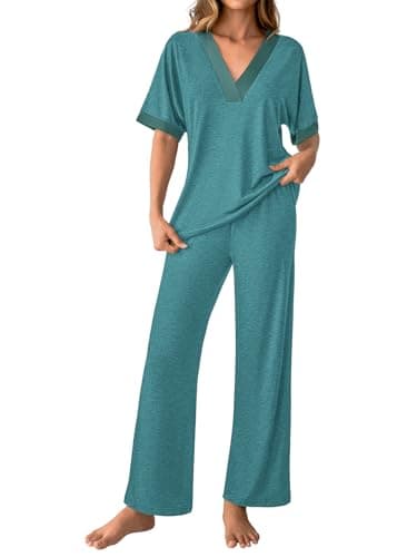 GKBK Womens Two Piece Outfits Pajama Sets 3/4 Dolman Sleeve V Neck Sleepwear Nightwear Loungewear Matching Pjs 2 Piece Lounge Set Lightweight Sweatsuit Fall Fashion Ooutfit Cyan XL