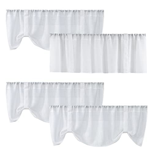 Home Queen White Semi Sheer Tie Up Curtain Valances, Linen Textured, Rod Pocket Balloon Window Topper for Living Room, 54 X 20 Inch, 4 Pieces