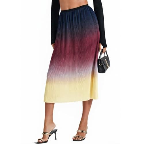 materasu Women’s Pleated Midi Skirt: Gradient Flow High Waist A-Line Casual Skirt - Image 1