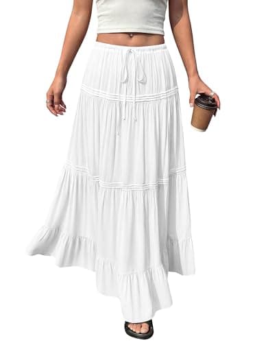 BTFBM Spring Skirts for Women 2026 Summer Boho Beach Vacation Clothes Casual Pleated High Waisted Flowy Maxi Skirt(White, XX-Large)
