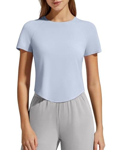 G4Free Womens Cropped Workout Tops Crewneck Short Sleeve Active T-Shirts Casual Athletic Relaxed Fit Curved Hem(Light Denim,XXL) - Image 1