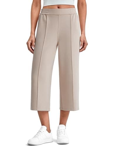 G4Free Khaki Pants for Women Capri Pants High Waist Stretchy Wide Leg Yoga Pants Loose Sweatpants Travel Lounge Pants(Light Khaki,M,Regular) - Image 1