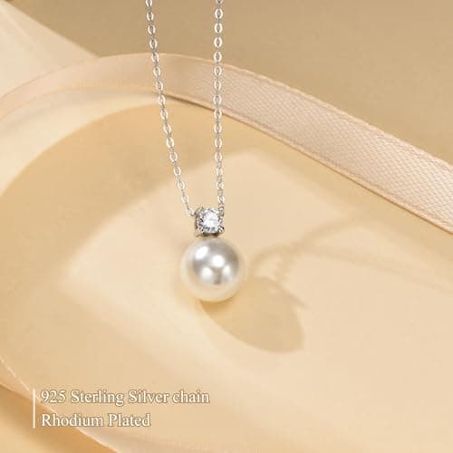 Juvux Necklaces for Women Pearl Pendant Necklace-S925 Sterling Silver Necklace 10mm Pearl Trendy Charm Jewelry for Women Gifts for Anniversary Wedding Birthday (CZ Silver) - Thumbnail 5