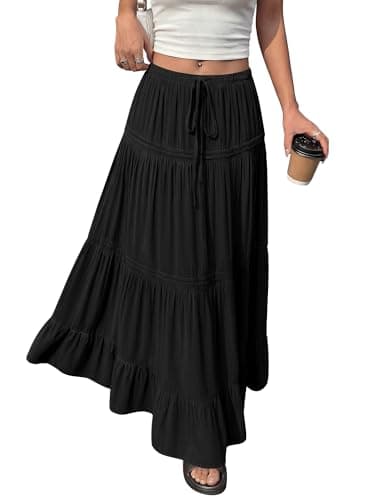 BTFBM Spring Skirts for Women 2026 Summer Boho Beach Vacation Clothes Casual Pleated High Waisted Flowy Maxi Skirt(Black, X-Large) - Thumbnail 5