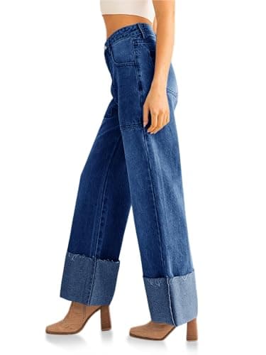 PLNOTME Womens Baggy Cuffed Jeans Casual Straight Leg Boyfriend Denim Pants with Pockets Navy - Thumbnail 2