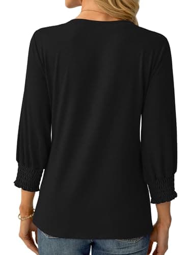 GKBK Womens 3/4 Sleeve Shirts V Neck Dressy Casual Spring Summer Blouses with Smocked Cuffs A- Black - Thumbnail 3