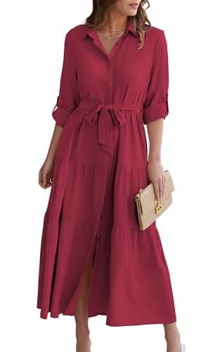 ECOWISH Women's Maxi Shirt Dress - 2026 Long Sleeve Button Casual Fall A-line Work Tiered Dresses with Belt and Pockets Wine Red X-Large - Image 1