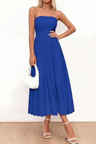 PRETTYGARDEN Womens Summer Dresses 2026 Sexy Sleeveless Tube Top Long Dress Eyelet Cotton Maxi Beach Sundress Pockets(Blue,Large) - Thumbnail 6