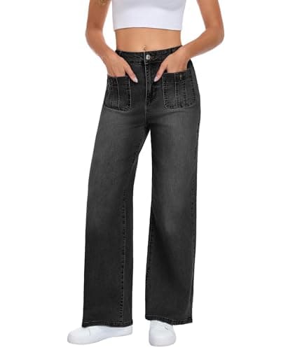 MARIASHA Wide Leg Jeans for Women, High Waist Stretchy Baggy Jeans, Blue Washed Denim Pants with Dual Pockets - Image 1