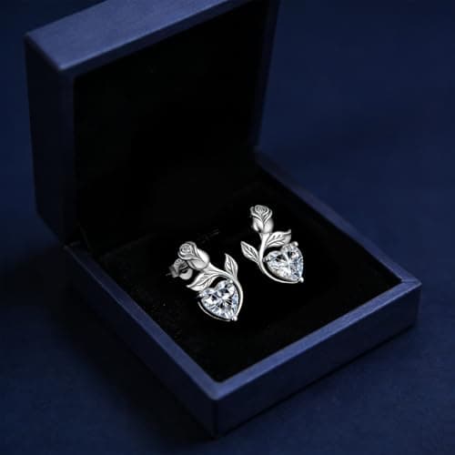 JACUPO Rose Heart Necklace and Earrings Set (Necklace 1.2CT / Earrings 0.8CT) Moissanite/Lab-Grown Sapphire/Ruby Options S925 Sterling Silver 18K White Gold Plated Engraved "I LOVE YOU" Perfect Engagement Gift for Girlfriend Wife (Moissanite Silver) - Thumbnail 6
