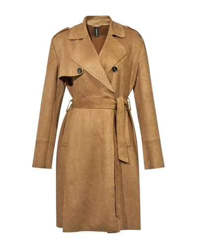 Women's Faux Suede Trench Coat - Classic long trench coat for women with Notched Collar, Double-Breasted Buttons, Adjustable Waist Belt, Warm & Stylish Faux Suede Jacket for Fall & Winter(Brown)-M - Thumbnail 3