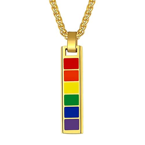 Suplight Gold LGBT Bar Necklace Pansexual Custome Name Bisexual Flag Friendship Jewelry Stainless Steel Lesbian Gay Rainbow Pride Vertical Bar Pendant with Chain for Men Women - Image 1