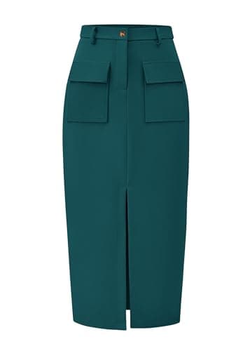 KIRUNDO Midi Skirts for Women Spring Summer High Waisted Cargo Trendy Pencil Slit Dressy Casual Business Work Long Skirt(Medium, Dark Green) - Image 1