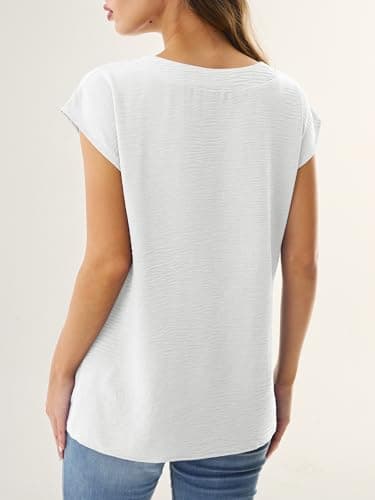 GKBK Women Tops Cap Sleeve Textured Dressy Casual V Neck Shirts 2026 Summer Business Work Blouses Outfits White L - Thumbnail 3