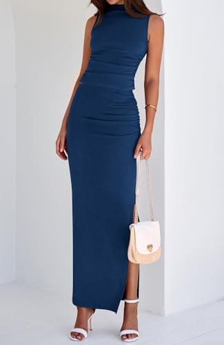 BTFBM Womens Two Piece Outfits Summer Lightweight 2026 Mock Neck Sleeveless Knit Tops Maxi Skirt Set Going Out Dress(Dark Blue, Small) - Thumbnail 6