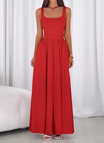 BTFBM Summer Dresses for Women 2026 Maxi Casual Square Neck Flowy Long Sundress Spring Wedding Guest Cocktail Dress(Red, XX-Large) - Thumbnail 6