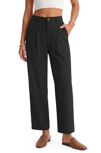 Arach&Cloz Women's Linen Blend Straight Elastic Waist Black Dress Pants High Waisted Pleated Work Dressy Trousers Wide Leg Pants Woman Business Casual Outfits Cropped Ankle Length 2026 Regular XXL - Image 1