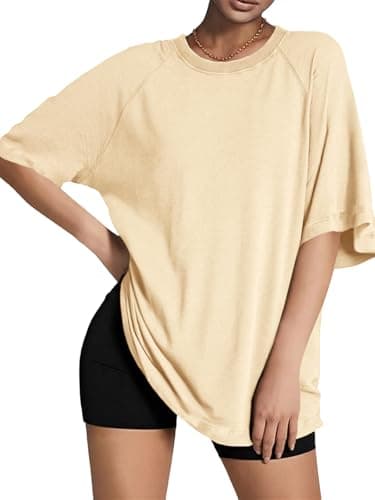 Tankaneo Womens Oversized Tshirts Crew Neck Short Raglan Sleeve Tunic Tops Summer Casual Loose Fit Workout Tee Shirts Beige - Image 1