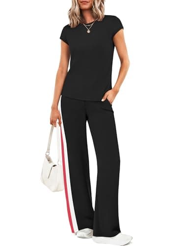 Casly Lamiit 2 Piece Sets for Women Vacation Outfits Crew Neck Travel Lounge Sets Short Sleeve Top Wide Leg Pants Set Black 2XL - Thumbnail 2