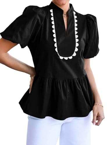 Cicy Bell Womens Puff Sleeve Peplum Blouses Ruffle V Neck Summer Casual Tops Babydoll Loose Fit Shirts Black - Image 1