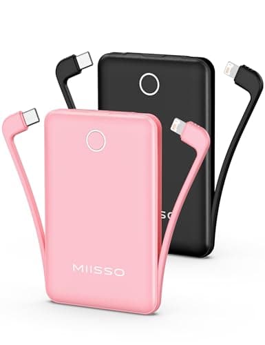 10000mAh Mini Portable Charger with Built in Cable, Pocket Size Power Bank Travel External Battery Pack for Phone, 3 Output USB Type C Cord Clutch Compatible with iPhone, Samsung, 2 Pack Black & Pink - Image 1