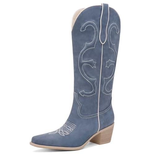 GPXGPX Cowgirl Boots Women Embroidered Cowboy Boots Mid Calf, Pointed Toe Chunky Block Heel Pull On Western Boots Blue 7.5 - Image 1