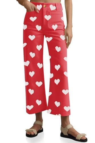 Tankaneo Womens Cropped Heart Print Jeans Casual High Waisted Stretchy Straight Leg Denim Pants with Pockets - Image 1