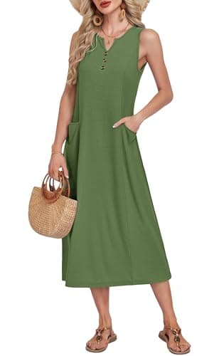 MOLERANI Women's Summer Casual Button Down Midi Dresses with Pockets V Neck Sleeveless Sundress Holiday Getaway, Deep Army Green, 2XL - Thumbnail 4