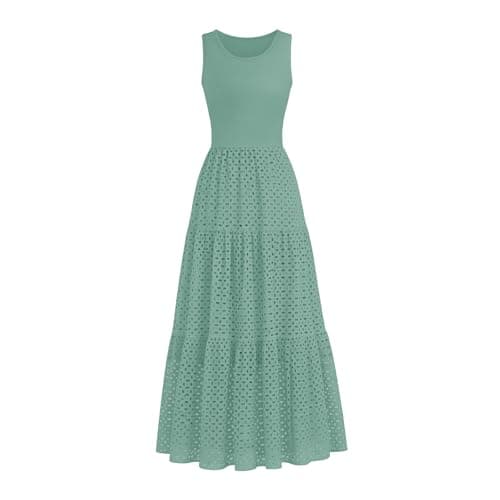 Lazysmile Womens Summer Dresses Crewneck Sleeveless A-Line Hollow Out Eyelet Tiered Tank Maxi Dress Sundress with Pockets - Image 1
