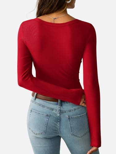 GKBK Ribbed Long Sleeve Tops for Women Scoop Neck Fitted Basic Tight T-Shirts Cute Layering Tops Lightweight Fall Sweaters 2025 Fashion Outfits Winter Clothes Red - Thumbnail 4