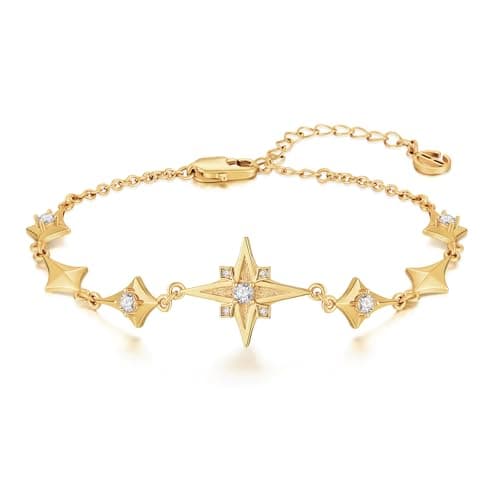 Cicy Bell Womens Bracelets 18k Gold Plated Four Point Star Bracelets Cubic Zirconia Cross Station Link Bracelets Trend Jewelry Gift, 6.9"+1.9" - Image 1