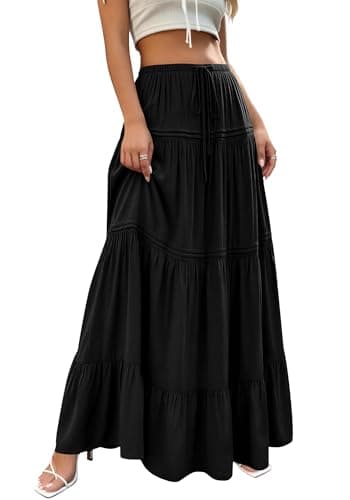 BTFBM Spring Skirts for Women 2026 Summer Boho Beach Vacation Clothes Casual Pleated High Waisted Flowy Maxi Skirt(Black, X-Large) - Thumbnail 6