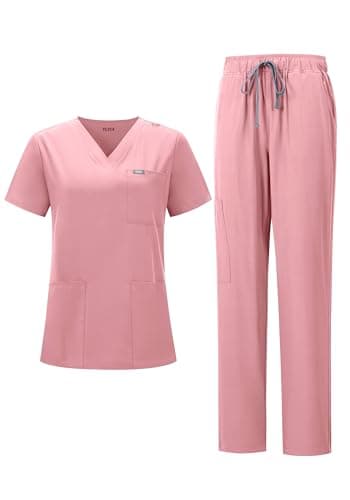 YEZEX Women's Scrub Set, V-Neck Top & Straight Leg Pants w/ 6 Pockets, Medical Scrubs Top & Pants - Image 1