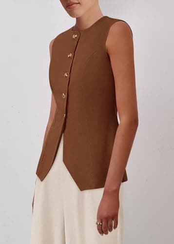 KIRUNDO Vest Tops for Women Trendy Dressy Business Casual Outfits 2026 Summer Sleeveless Fitted Blazer Work Suit Waistcoat(Brown, X-Large) - Thumbnail 5