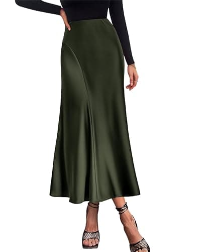 KIRUNDO Women Spring Summer Satin Maxi Skirt 2026 Trendy High Waisted Wedding Cocktail Party Work Silk A-Line Formal Skirts(Dark Army Green, Large) - Image 1
