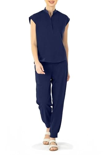 Bovchies Scrubs for Women Set - Sleeveless Stand Collar Scrub Top & Drawstring Jogger Pants, Scrub Set for Nurse Workwear, Navy Blue Scrubs Sets for Women XL - Image 1