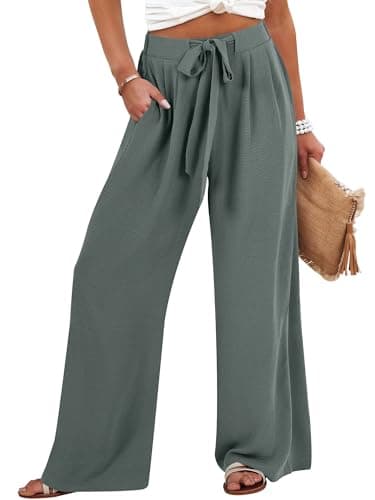 Caracilia Wide Leg Palazzo Pants for Women Summer High Waist Flowy Loose Casual Lounge Trousers Beach Travel Vacation Clothes Blue Green XX-Large - Image 1